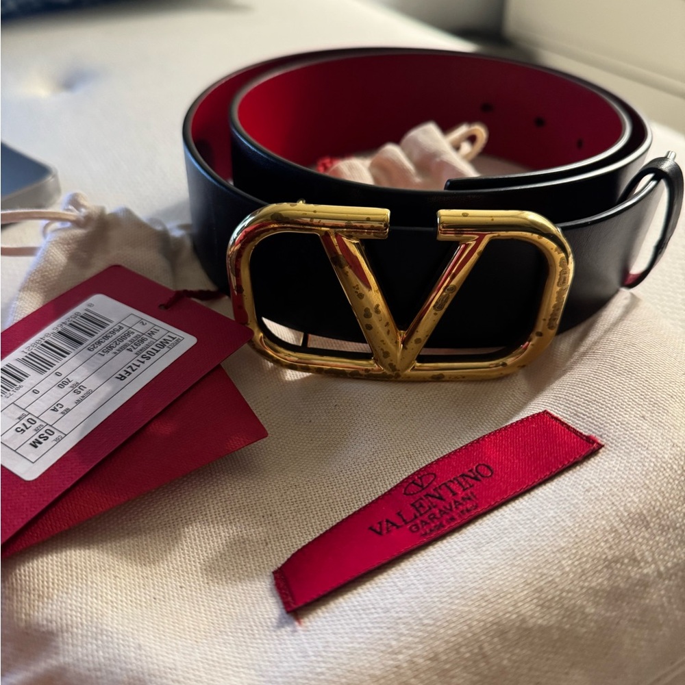 Valentino Garavani Black and Red Reversible Leather Belt with Gold Buckle